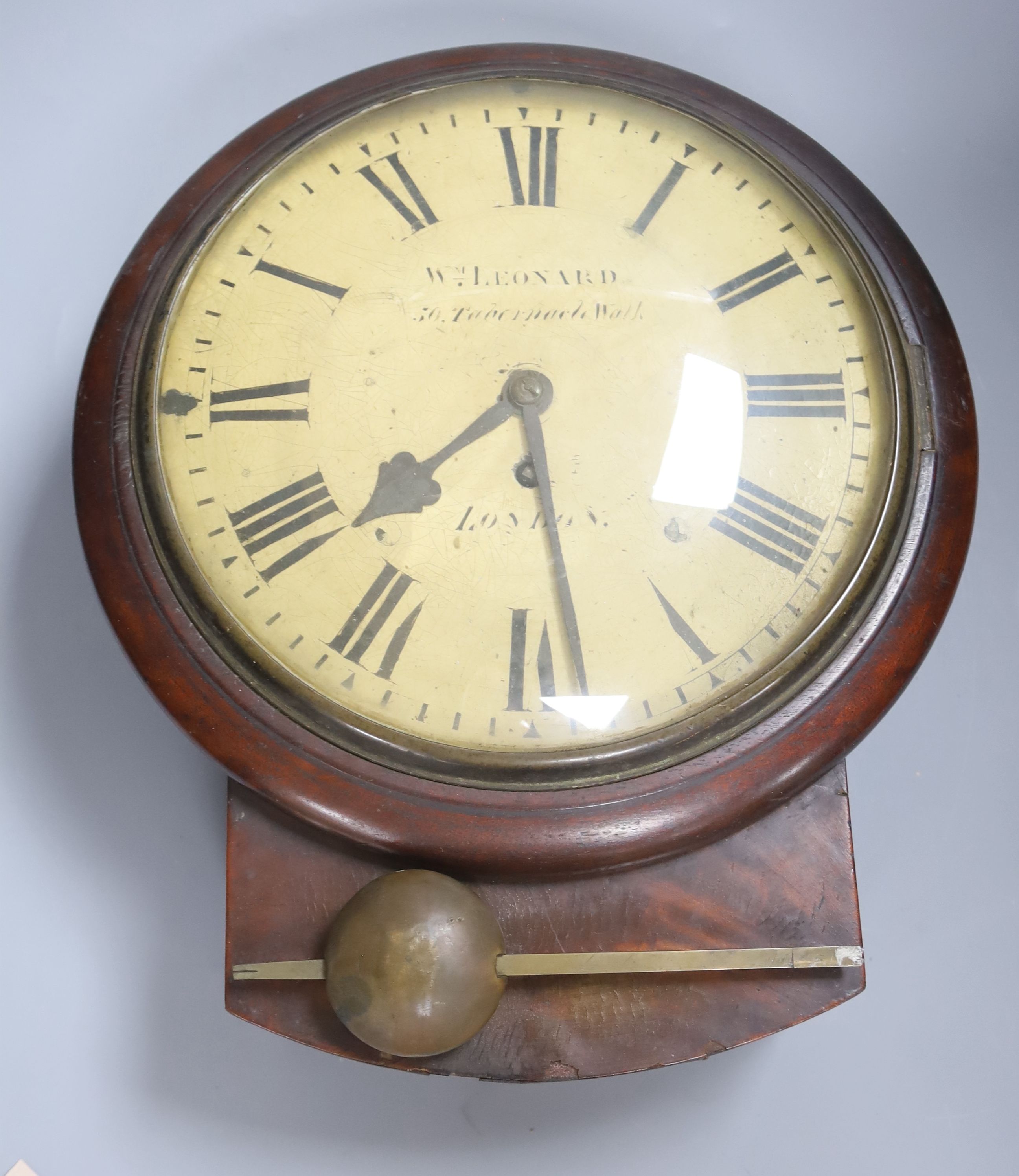 William Leonard, 50 Tabernacle Walk, London. A 19th century mahogany drop dial fusee wall timepiece, length 32cm